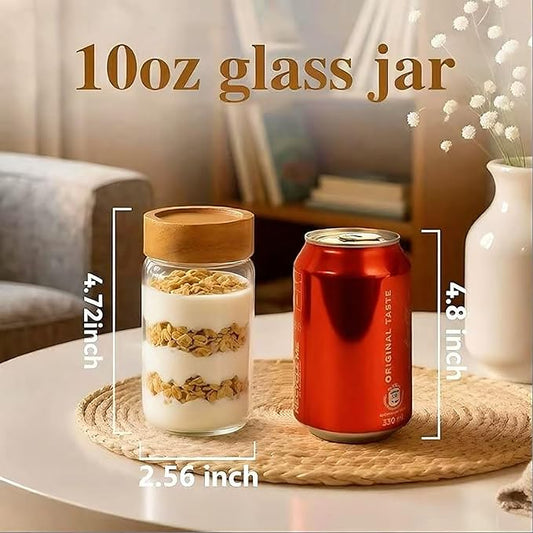 Zoaiirte 6-Pack 10 oz Airtight Food-Grade Glass Mason Jars with Acacia Wood Lids - Sealable, Waterproof & Stackable Canister Set for Overnight Oats, Dry Goods, Baking Supplies & Pantry Organization