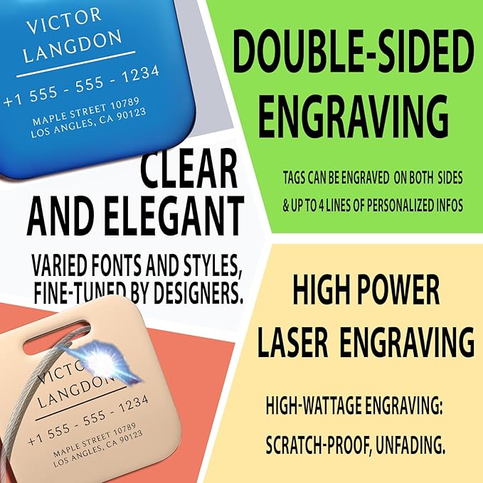 Stainless Luggage Tags for Suitcases 4 Pack: Metal Personalized Luggage Tags for Backpacks & Bags with Customizable Texts (Rainbow)