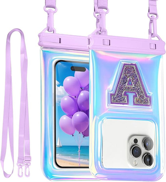 Waterproof Phone Pouch Floating, IP68 Case, Glitter Purple | for iPhone 16/Galaxy S24 | Up to 7.0'' | with Adjustable Lanyard | Dry Bag Beach Essentials | 1 Pack