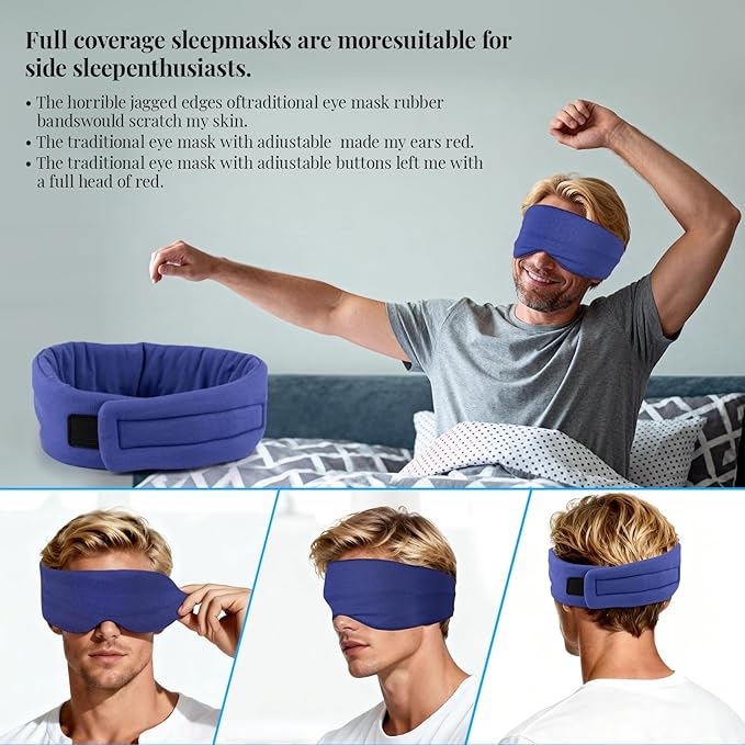 Cotton Sleep Eye Mask for Men, 100% Blocking Light Eye Mask Sleeping for Side Sleeper, Soft Zero Pressure Cooling Blackout Eye Covers for Sleeping, Sleep Mask fits All Heads Adjustable（Blue）