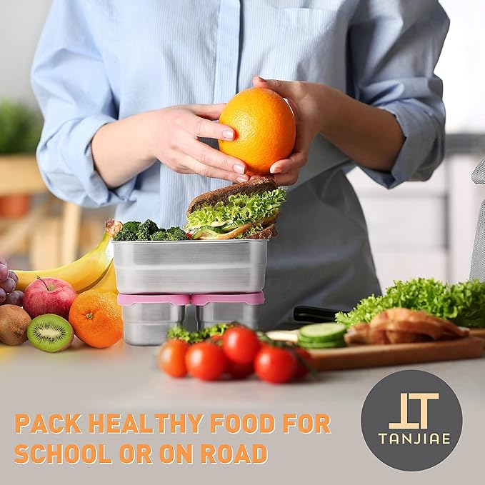 3 CUP+1 CUP Stainless Steel Lunch Snack Containers Set | Leak Proof 304 Stainless Steel Food Containers with Silicone Lids - Perfect Metal Lunch Box for School and Daycare (25oz+8oz*2)