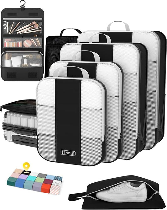 8 Set Compression Packing Cubes for Travel Essentials,Compressible Expandable Packing Cubes for Suitcase,OlarHike Luggage Organizer Bags for Travel,Handy Helper for Organizing Clothes(Black)