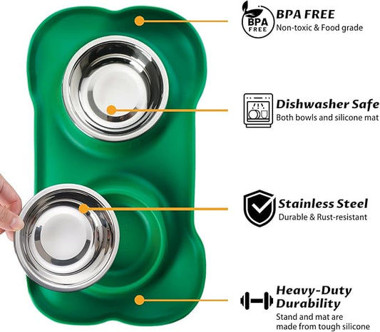 Hubulk Pet Dog Bowls 2 Stainless Steel Dog Bowl with No Spill Non-Skid Silicone Mat + Pet Food Scoop Water and Food Feeder Bowls for Feeding Small Medium Large Dogs Cats Puppies (Large, Hunter Green)