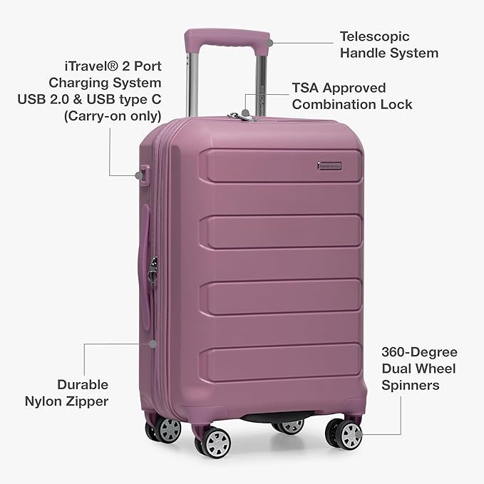 Traveler's Choice Pagosa Indestructible Hardshell Expandable Spinner Luggage, Mauve, 2-Piece Set (22/26)
