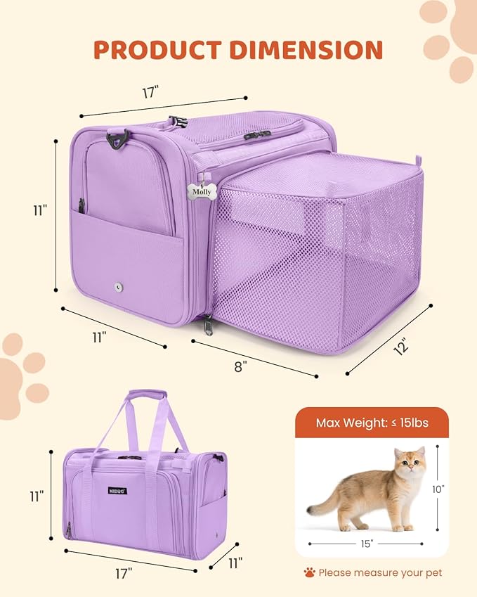 MIDOG Cat Carrier Soft, TSA Approved Airline Travel Carrier for Cats and Small Dogs, Under Seat Pet Bag with Expandable Space & Escape-Proof Zippers (Lavender)