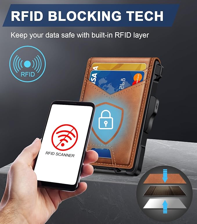 Wallet for Men, Minimalist Slim Mens Wallet with Money Clip, RFID Blocking Smart Pop Up Card Wallet with ID Window, Compact Bifold Wallet, Metal Aluminum Credit Card Holder（Brown）