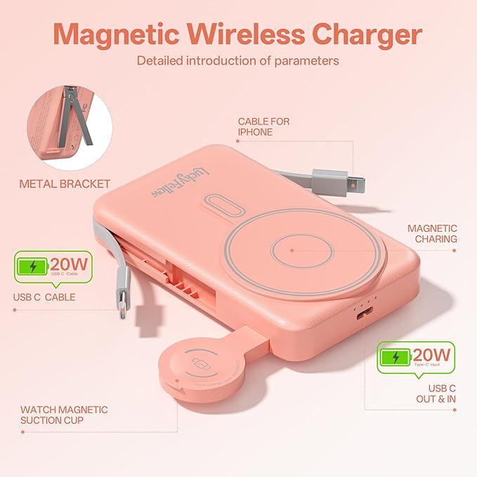 Magnetic 10000mAh Portable Charger Built-in Cables Compatible with iWath, iPhone and Android Devices, 22.5W PD Fast Charging External Battery Pack Slim Wireless Power Bank