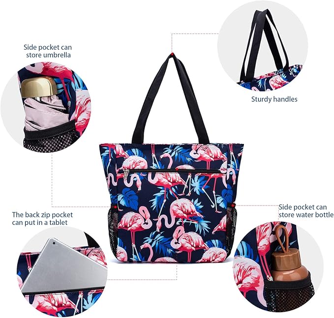 ETidy Large Capacity Foldable Tote Bag With Zipper Water-resistant SandproofWomen Beach Bag Handbag GymBag Travel ShoppingBag