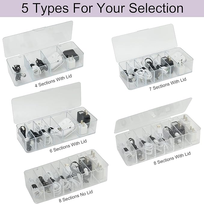 Electronics Organizer 7 Sections Clear Acrylic Cable Storage Bin Box Cord Holder with 20 PCS Reusable Fastening Fabric Cable Ties Straps Cord Wraps (7 Sections/with Cover)