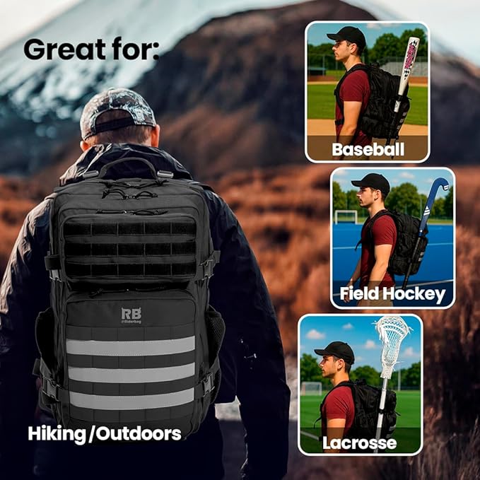 Xtreme 45L Tactical Backpack – Large Travel and Hiking Pack with 16 inch Laptop Sleeve, Stick Holder, Double Bottle Pockets, Recycled Fabric Shell, Rain Cover (Black)