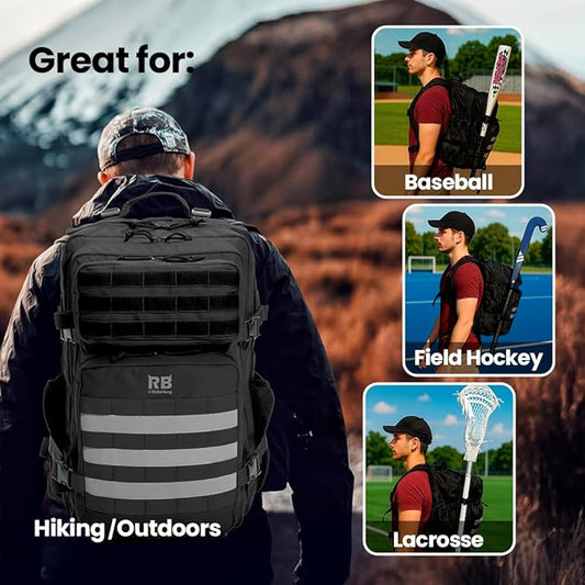Xtreme 45L Tactical Backpack – Large Travel and Hiking Pack with 16 inch Laptop Sleeve, Stick Holder, Double Bottle Pockets, Recycled Fabric Shell, Rain Cover (Black)