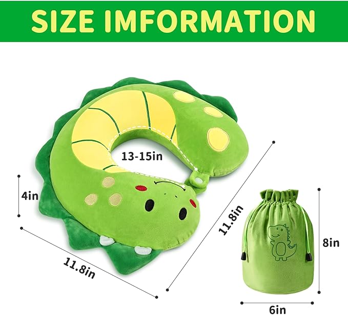 Travel Neck Pillow for Kids, Dinosaur Memory Foam Pillow with Cute Sleep Mask & Earplugs, Lightweight Travelling Pillow Set for Airplane, Car, Train, Bus and Home Use (Green)