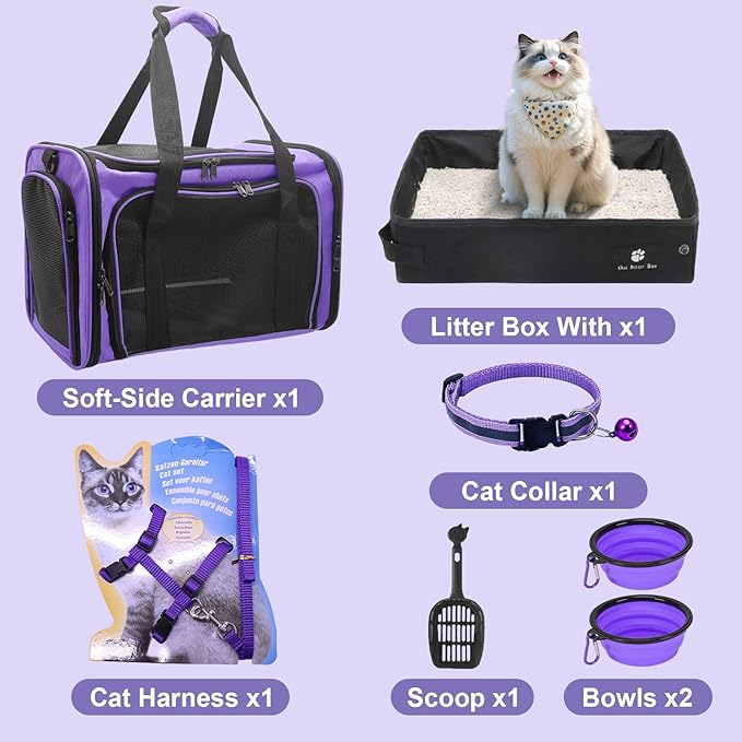Soft-Sided Cat Carrier with Litter Box for Traveling & Camping, Pet Bag Fit Pets Up to 20lbs,17.7' * 11.8 * 11.8 inches Cat Travel Carrier Purple