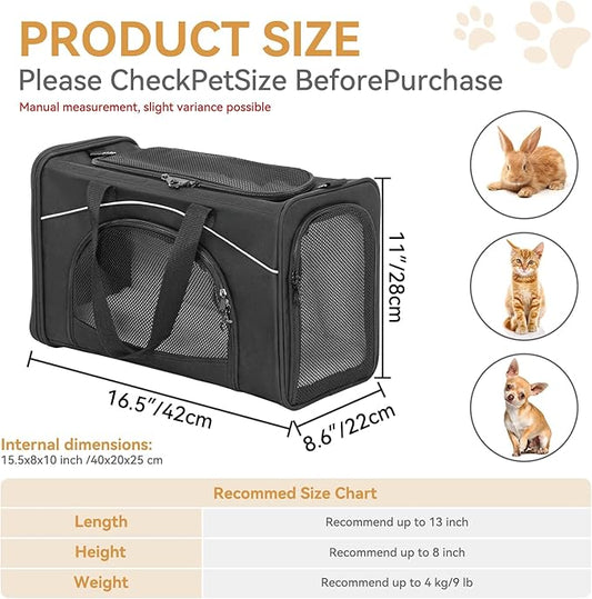 Petsfit Airline Approved Pet Carrier for Small Cats, 16.5x8.6x11 TSA Approved Carrier, with Removable Dual-Sided Padding (2-Way Placement) - Fits Under Most Airplane Seats, Escape Proof (Black)