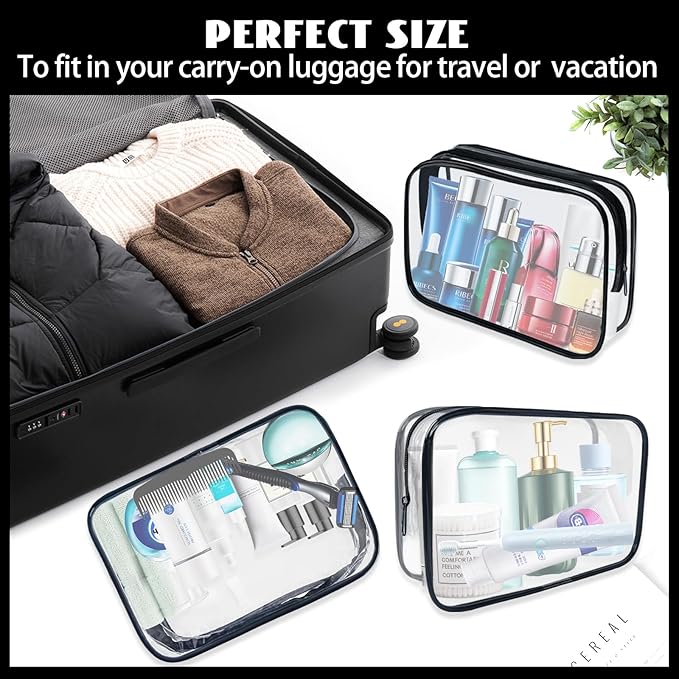 16 Pack Waterproof Cosmetic Bag TSA Approved Toiletry Bag, Portable Travel Pouch with Zipper, Vinyl Plastic Organizer Storage for Men and Women (Black-L)