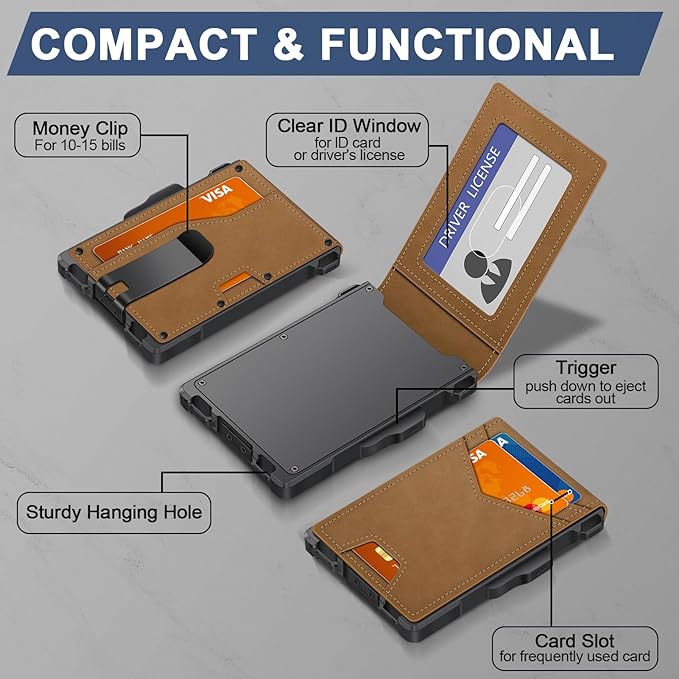 Wallet for Men, Minimalist Slim Mens Wallet with Money Clip, RFID Blocking Smart Pop Up Card Wallet with ID Window, Compact Bifold Wallet,Metal Aluminum Credit Card Holder