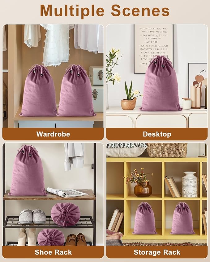 FantasyLife Shoe Bags for Travel, Washable Dust Bags for Storage & Packing, Flannel Shoe Pouch with Drawstring Closure for Purses, Handbags, Shoes & Toys (2, Parfait Pink)