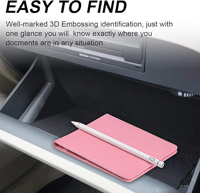 Cacturism Car Registration and Insurance Holder, Vehicle Glove Box Car Organizer，Women Interior Car Accessories Case for Cards, Essential Document, Driver License, Pink