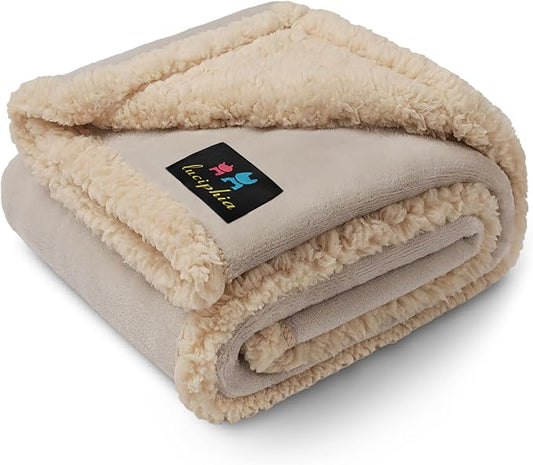 Waterproof Pet Blanket, Liquid Pee Proof Dog Blanket for Sofa Bed Couch, Reversible Sherpa Fleece Furniture Protector Cover for Small Medium Large Dogs Cats, Grey Beige Medium（57" x 40"）