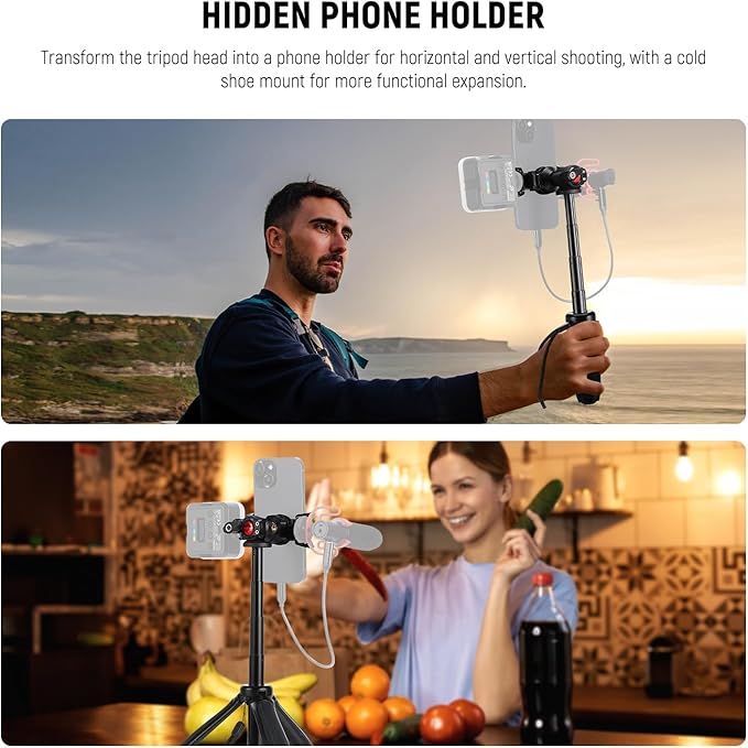 NEEWER TP38 Phone Camera Tripod, 15" Extendable Selfie Stick Metal Stand with Phone Holder, Action Camera Adapter Compatible with Hero 12 11 10 9, 360° Ball Head Travel Tripod for Vlogging