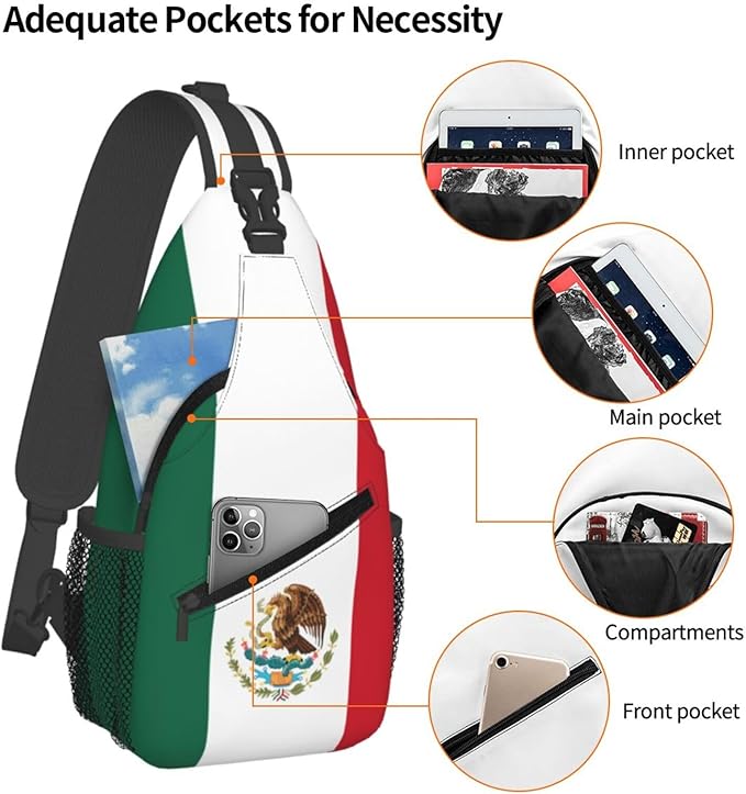 QFXUYNG Mexican Flag Adult Sling Bag Unisex Chest Bags Crossbody Backpack Casual Daypacks Shoulder Bag for Women Men Cycling Hiking Travel
