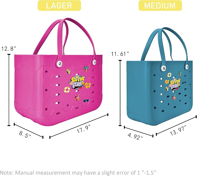 2-Piece Tote Bag Set, Waterproof Rubber Beach Bag with Summer Pattern, Medium & Large Handbag for Pool, Beach, Boat