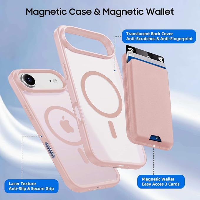 Ntwinro Magnetic for iPhone Air Case (Compatible with MagSafe) with Detachable Wallet & Card Holder for 3 Cards [RFID Blocking] Military Grade Protective Slim Phone Cover for 17 Air 2025, Pink