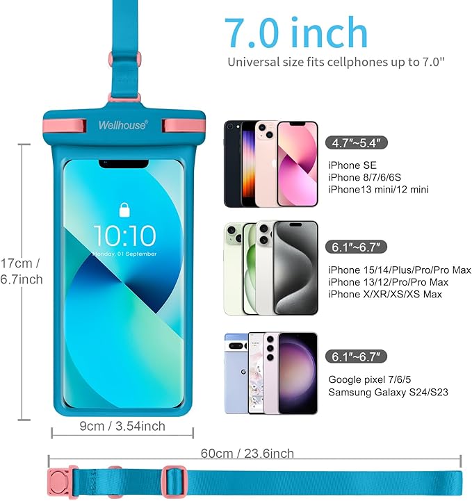 wellhouse Waterproof Phone Pouch, Waterproof Phone Case for iPhone 16 15 14 13 12 Pro Max XS Samsung, IPX8 3D Cellphone Dry Bag Beach Essentials (1 Pack - Blue7.0, 7 inch)