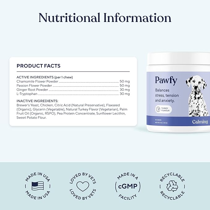 Pawfy Calming Chews for Dogs | Natural Dog Calming Chews - Supports Relaxation and Calm Behavior | Helps with Thunder, Separation, Chewing & Barking | Soothing Aid for Fireworks - 30 Turkey Treats