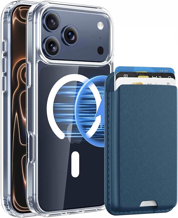 Ntwinro Magnetic for iPhone 17 Pro Max Clear Case (Compatible with MagSafe) with Blue Detachable Wallet & Card Holder for 3 Cards [RFID Blocking] Military Grade Protective Slim Phone Cover
