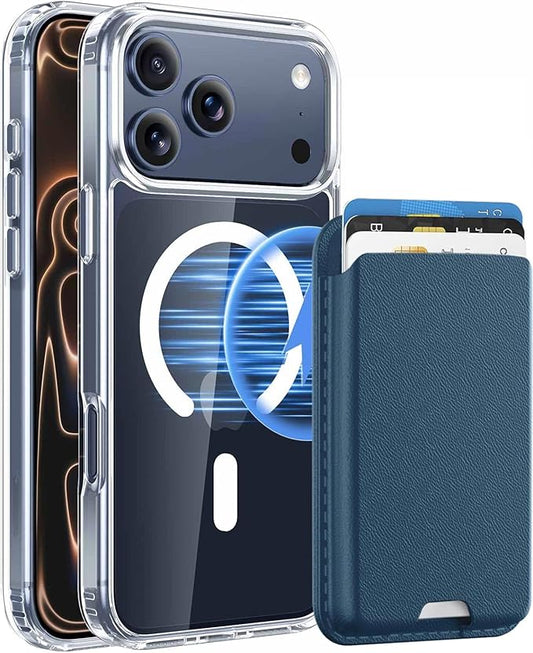 Ntwinro Magnetic for iPhone 17 Pro Max Clear Case (Compatible with MagSafe) with Blue Detachable Wallet & Card Holder for 3 Cards [RFID Blocking] Military Grade Protective Slim Phone Cover