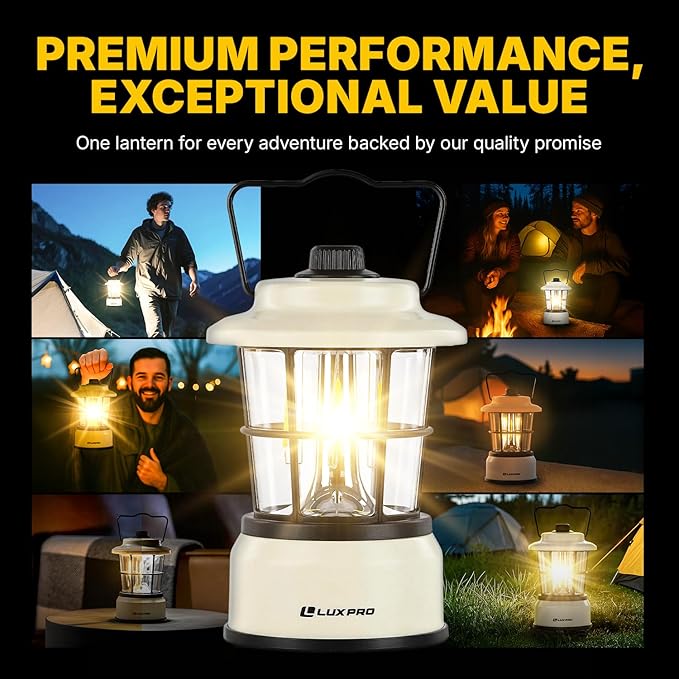 LUXPRO Retro LED Lantern - Battery-Powered Emergency Lantern - Water Resistant - Bright LED Lamp for Indoor & Outdoor Use - Use for Tents, Hiking or Hurricane Prep (Beige, Pack of 1)