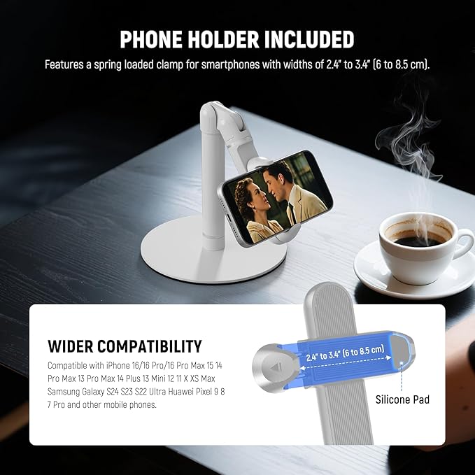 NEEWER Basics Cell Phone Stand for Desk, Adjustable Office Bed Table Phone Mount Holder Clamp with Weighted Metal Base, Compatible with iPhone Video Recording, ST006 White