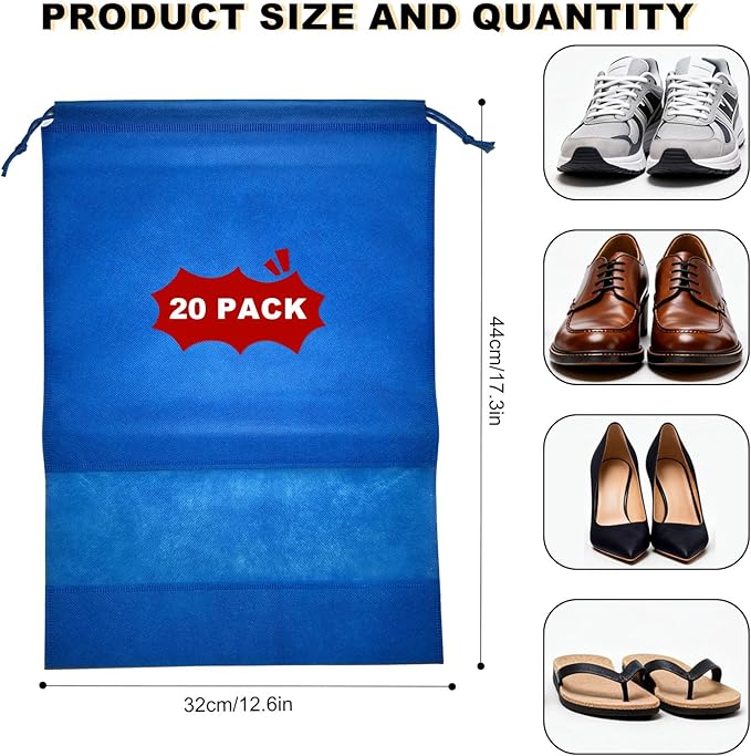 20 Pack Shoe Bags for Travel, 17" x 12.6" Drawstring Shoe Organizers with Clear Window, Breathable Non-Woven Dustproof Pouches for Luggage & Closet (Blue)