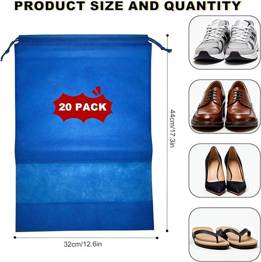20 Pack Shoe Bags for Travel, 17" x 12.6" Drawstring Shoe Organizers with Clear Window, Breathable Non-Woven Dustproof Pouches for Luggage & Closet (Blue)
