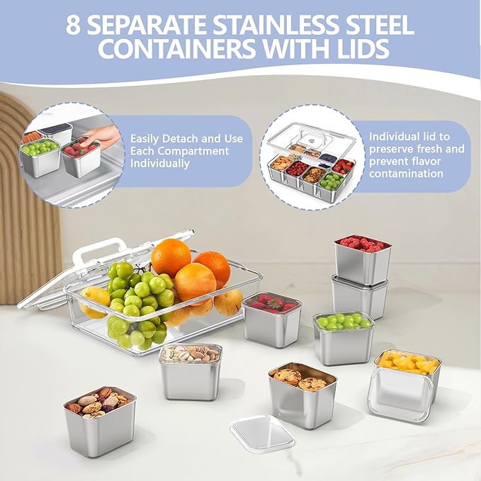 Snackle Box Container with 8 Removable Stainless Steel Containers – Clear Divided Serving Snack Tray with Lid & Handle – Leak-Proof for Wet/Dry Food – Perfect for Parties, Travel, Office