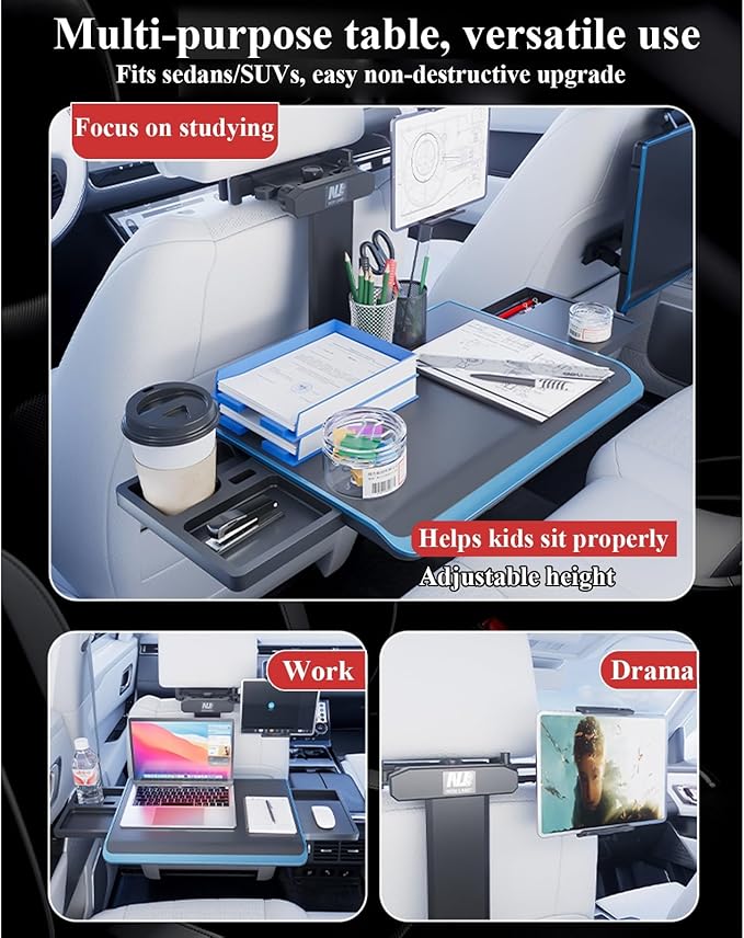 Diodceraic Aluminum Alloy Car Tray Table Adjustable Seat Back Laptop Desk Portable Foldable Car Seat Table Travel Tray with Mobile Phone and Tablet Holder for Car Travel,Working, Writing, Eating
