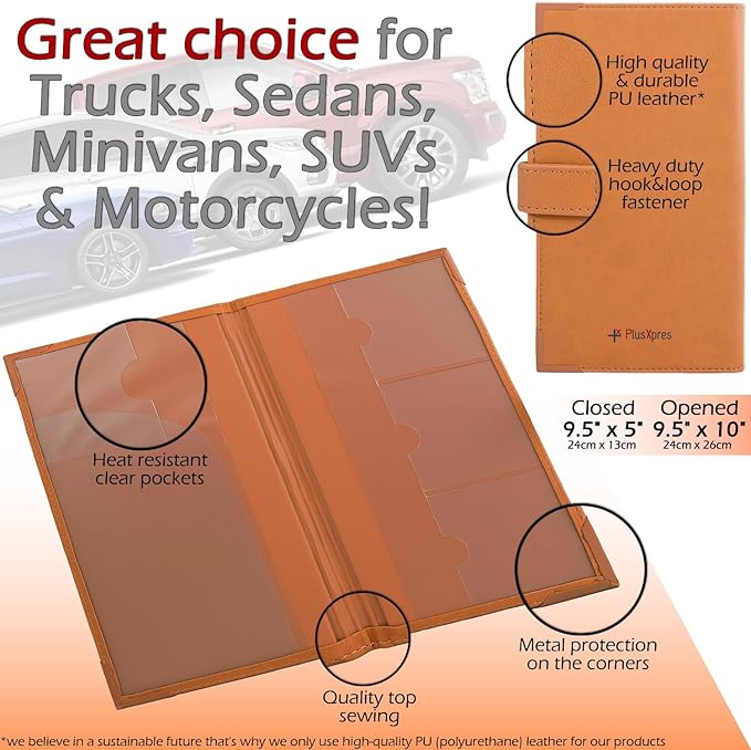 Auto Insurance and Registration Card Holder - Vehicle Glove Box Document Organizer - Car Essential Paperwork Holder for DMV, AAA, Contact Information Cards - Premium PU Leather Wallet Case - Orange