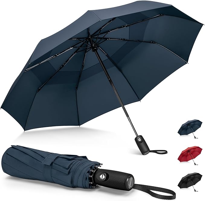NINEMAX Windproof Travel Umbrella for Rain, Automatic Umbrellas Double Canopy Vented Compact for Men Women (Navy Blue)