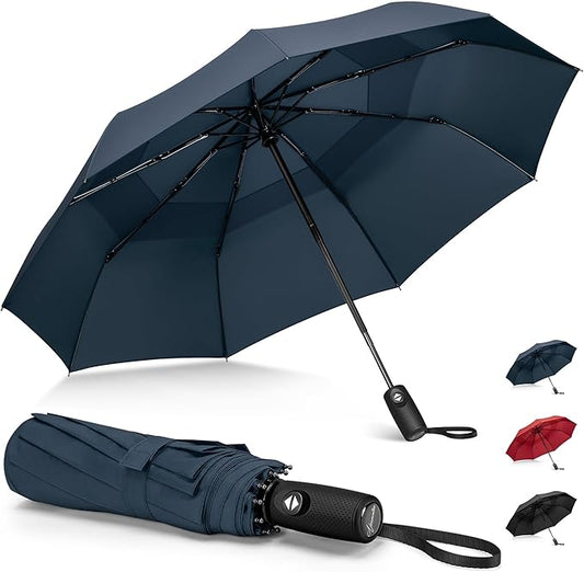 NINEMAX Windproof Travel Umbrella for Rain, Automatic Umbrellas Double Canopy Vented Compact for Men Women (Navy Blue)
