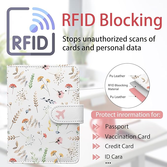 Passport Holder, Travel Wallet Cover with Pen Loop | Cute RFID Blocking Leather Case with Magnetic Closure for Travel Essentials-Flower