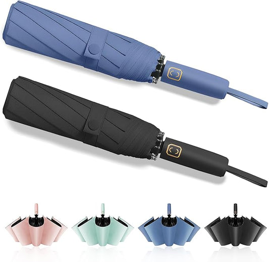 2-Pack Windproof, Waterproof, UV-Blocking Portable Travel Umbrella, Compact Sun & Rain Folding Umbrella, Double Rib Structure, Large Auto Open and Close Car Umbrella