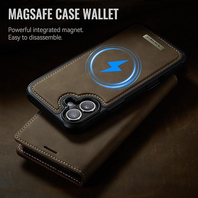 PlusnapX Wallet Case for iPhone 17 Compatible with Magsafe, 2-in-1 PU Leather Flip RFID Blocking Card Holder Stand Shockproof Magnetic Detachable Cover for iPhone 17 Case 6.3", Brown