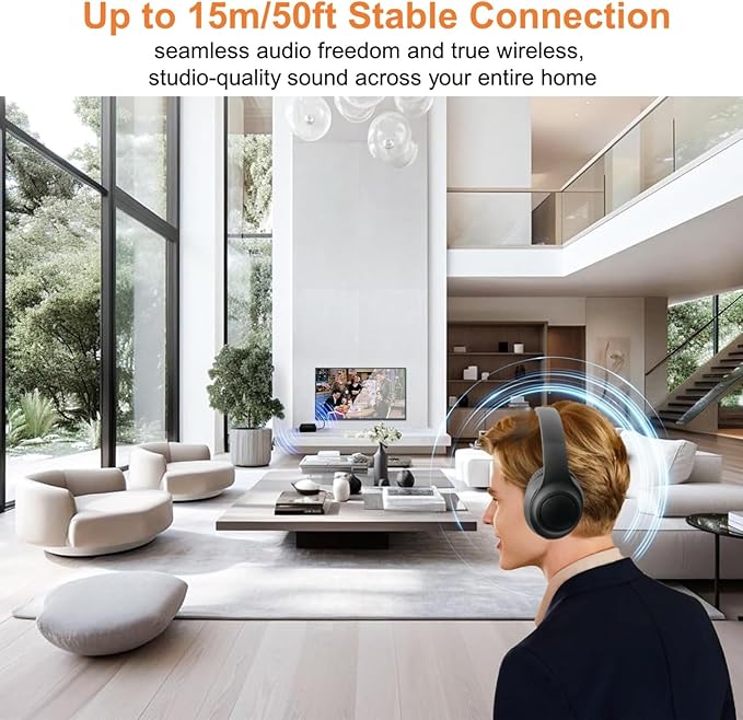 Hybrid Active Noise Cancelling Wireless TV Headphones for Seniors, ANC Headset with 5-in-1 Transmitter (Optical/Coaxial/RCA/USB/AUX), No Audio Latency, Clear Voice, Compatible with TV/PC
