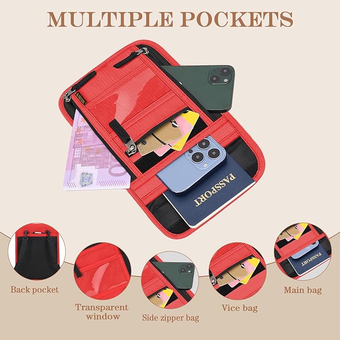 Passport Holder for Travel, Neck Pouch Travel Wallet With RFID Blocking, Waterproof Lightweight Passport Wallet for Women and Men (Red)