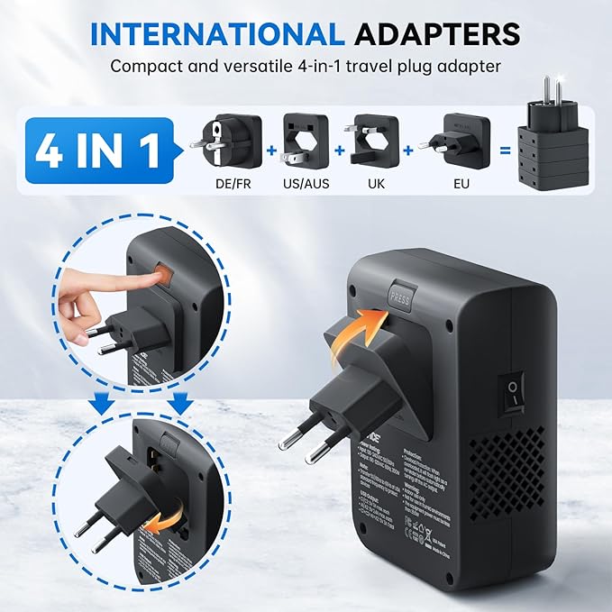 DOACE Voltage Converter US to Europe 350W Convert 220V to 110V for Curling Iron Straightener Shaver, Cordless Converter for European Travel with 2 USB A & 2 USB C Ports Charging, Black