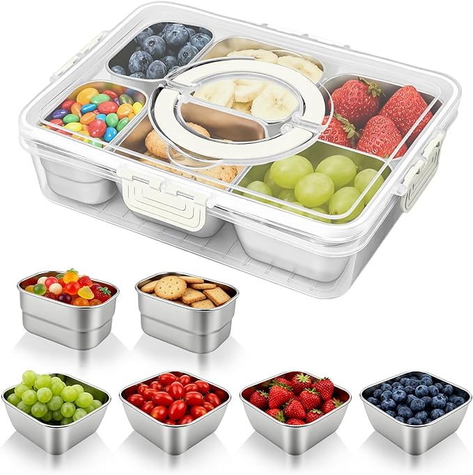 Snackle Box Container, Divided Serving Tray with Lid and Handle, Portable Snack Box with 304 Stainless Steel Container, 6 Compartments Snak Platter for Veggie, Fruit, Perfect for Party Picnic Office