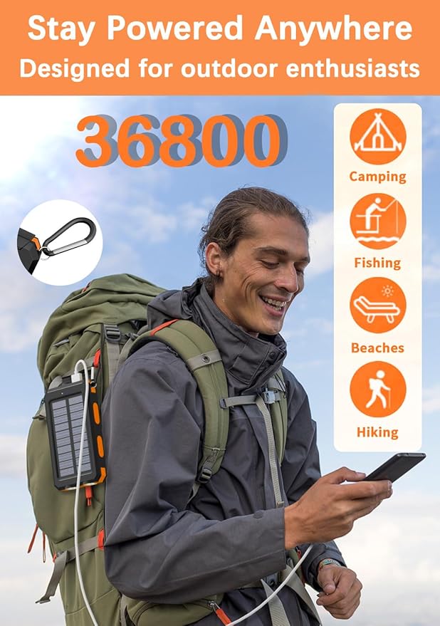 Solar Power Bank - 36800mAh Solar Phone Charger, USB-C QC3.0 Fast Charger with LED Flashlight, IP65 Waterproof Portable Power Bank for Camping, Hiking Outdoor Activities（Orange）