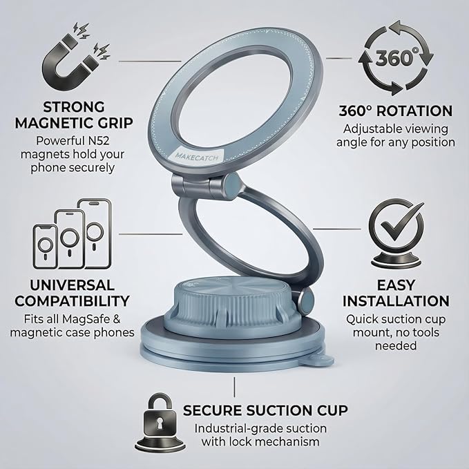 Vacuum Magnetic Car Phone Mount, 120+LB N55 Magnet (3000gf) Dashboard & Windshield Holder with Ultra-Stable Suction Cup, Foldable 0.83in Compact Car Mount for iPhone Samsung - Blue