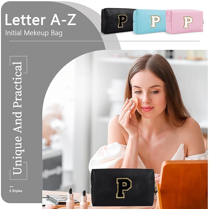 Personalized Initial A-Z Preppy Patch Makeup Bag,Small PU Chenille Letter Cosmetic Bag with Zipper for Teen Girls,Black Cute Toiletry Organizer Bag,Monogram Makeup Case Gift for Women Girls,Letter P